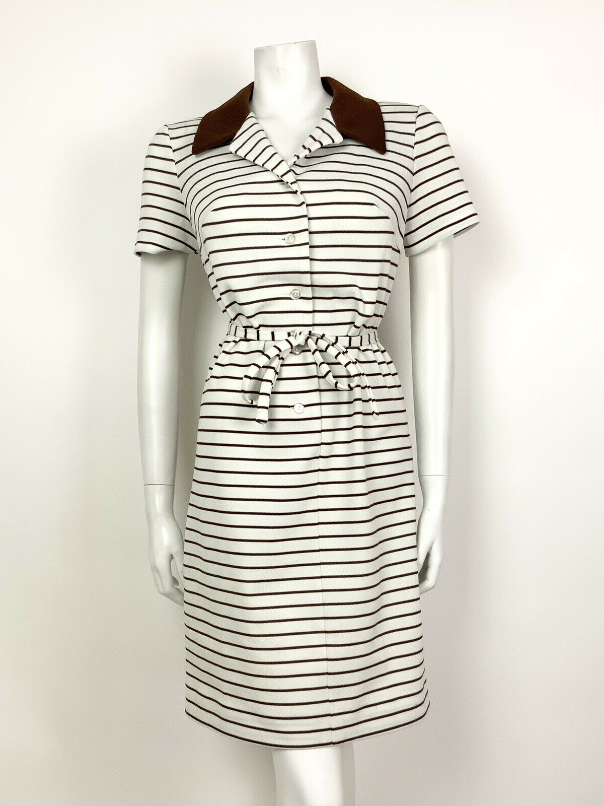 VINTAGE 60s 70s WHITE BROWN STRIPED SHIRT BELTED SHIFT DRESS 8 10