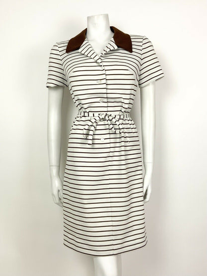 VINTAGE 60s 70s WHITE BROWN STRIPED SHIRT BELTED SHIFT DRESS 8 10