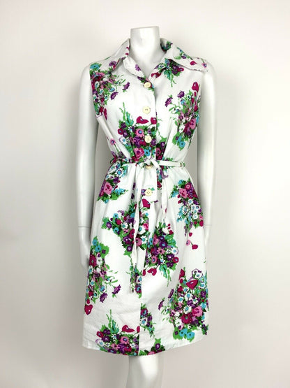 VINTAGE 60s 70s WHITE PINK PURPLE GREEN BOUQUET FLORAL WINGED SHIRT DRESS 12 14