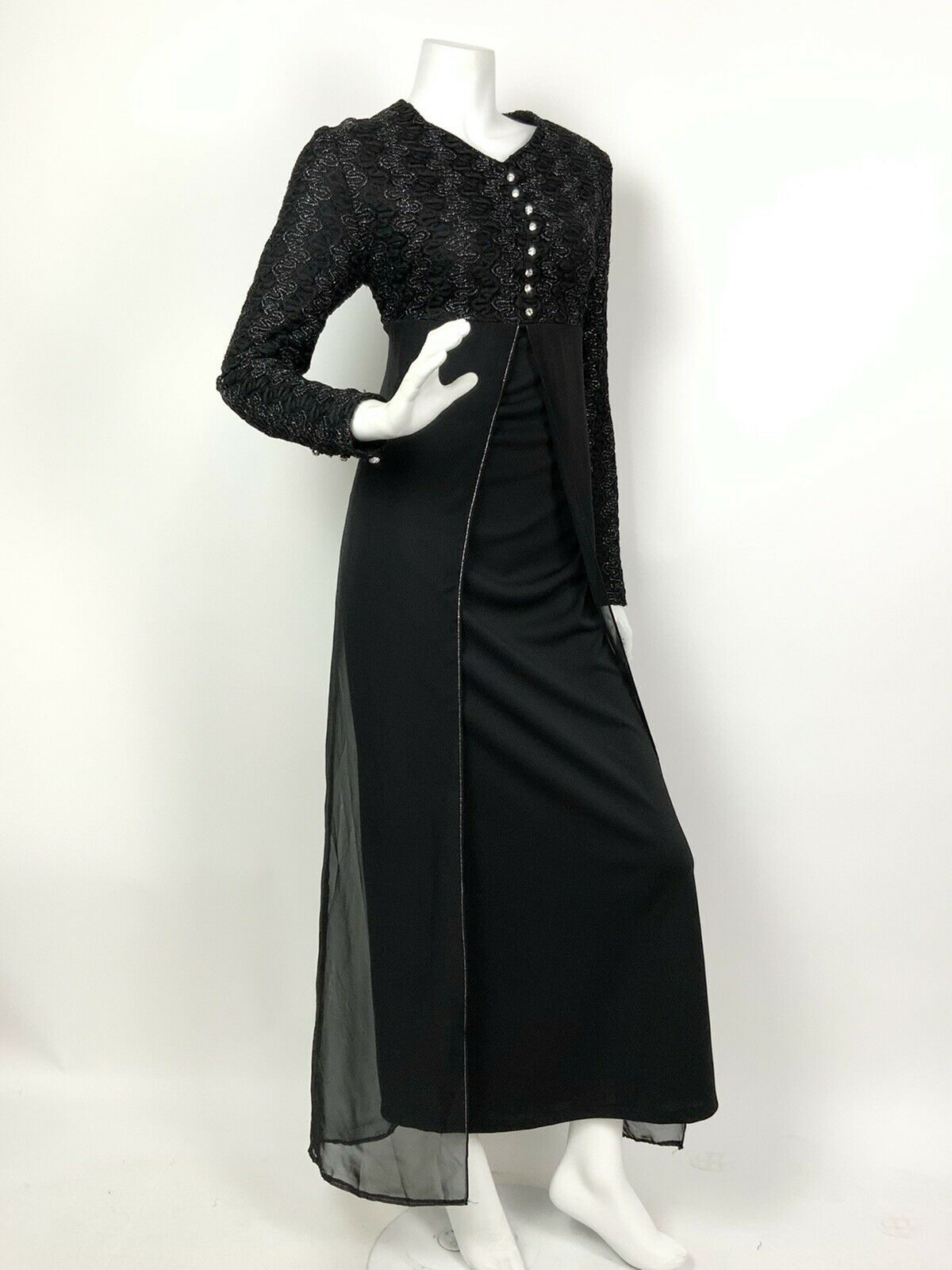 VINTAGE 60s 70s BLACK SILVER WAVY LACE DIAMANTE SHEER SPLIT MAXI DRESS 8 10