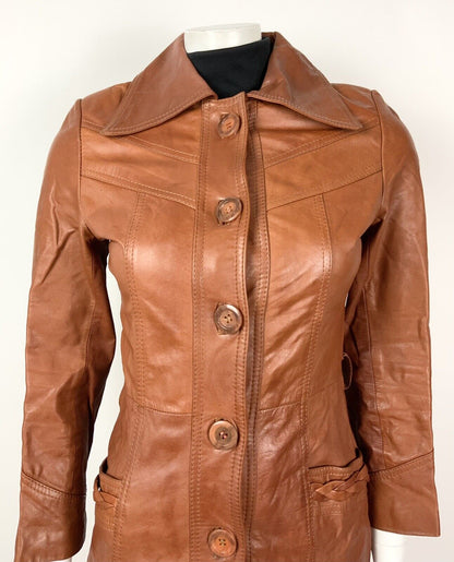 VTG 60s 70s TAN ORANGE BROWN DAGGER COLLAR MOD LONG LEATHER COAT 6 8