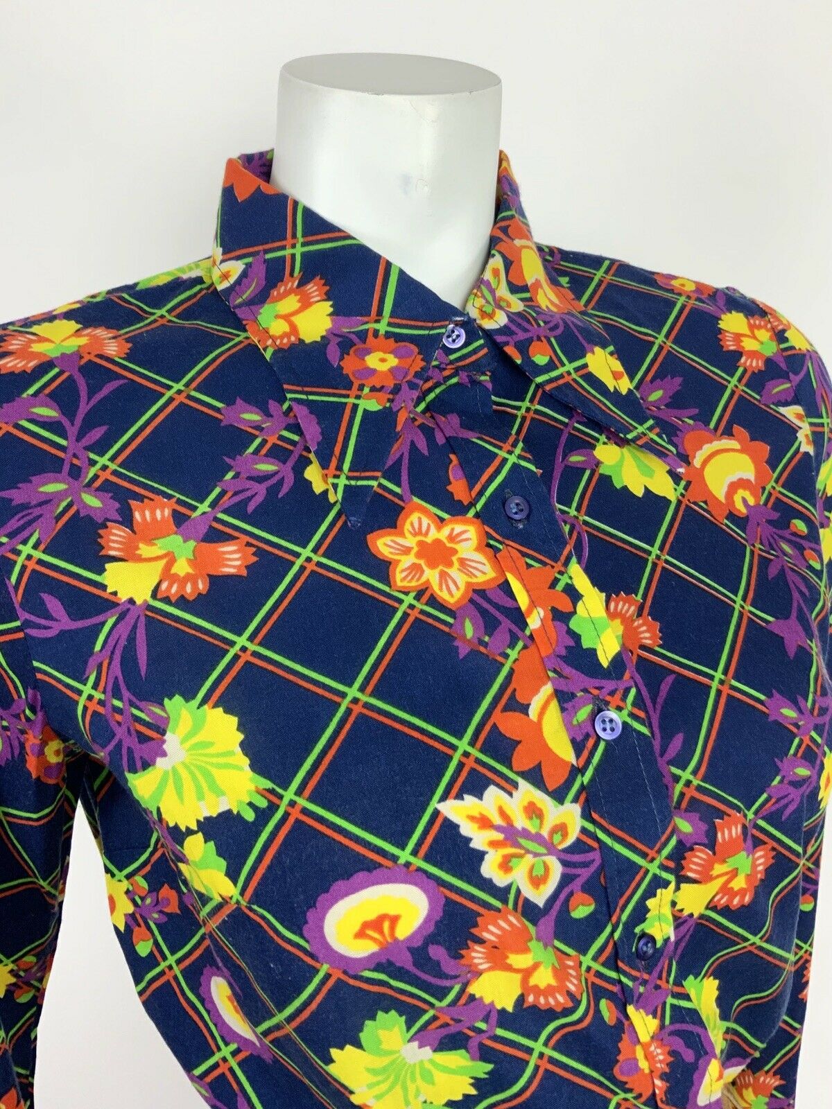 VINTAGE 60s 70s BLUE ORANGE GREEN PURPLE GRID FLORAL PSYCHEDELIC SHIRT 12 14