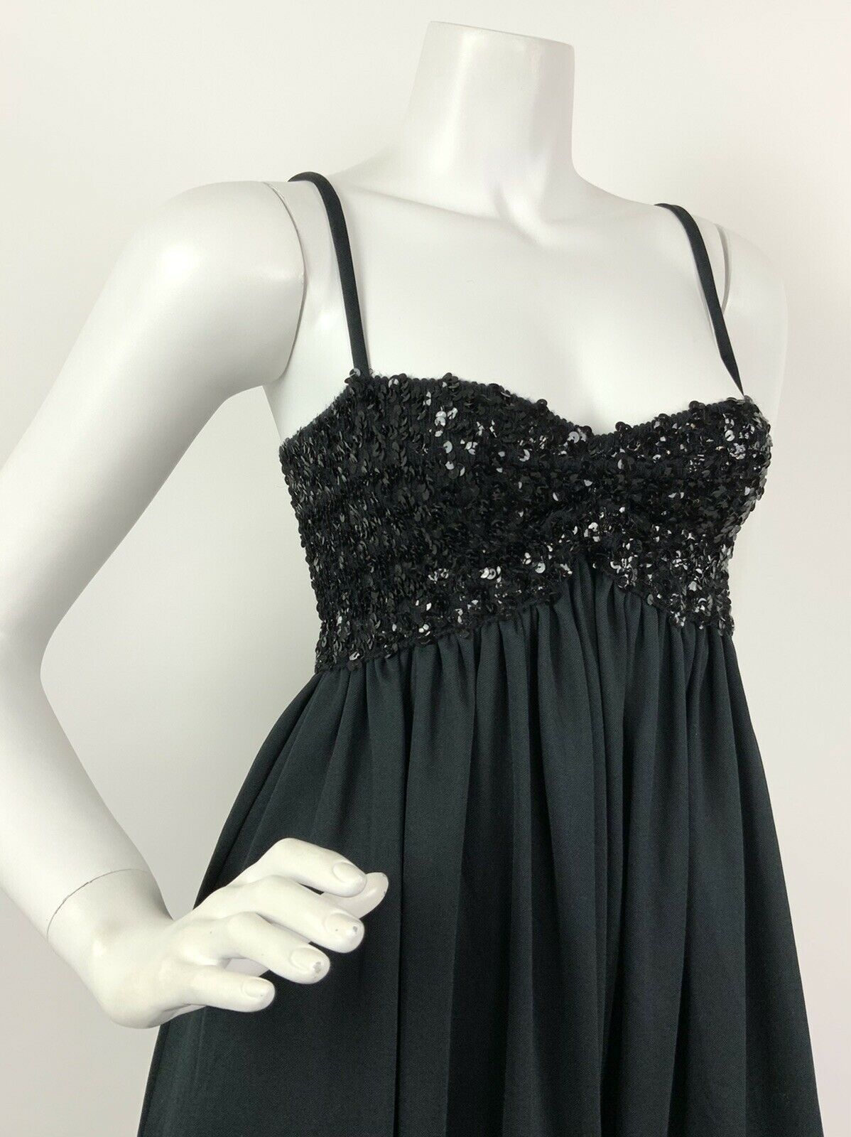 VINTAGE 60s 70s BLACK SEQUIN DISCO GLAM STUDIO 54 STRAPPY MAXI DRESS 4 6