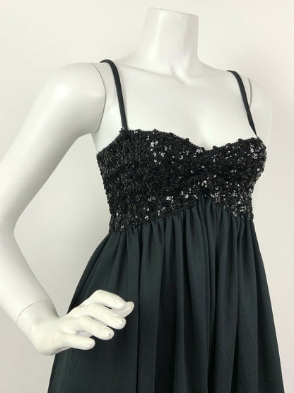 VINTAGE 60s 70s BLACK SEQUIN DISCO GLAM STUDIO 54 STRAPPY MAXI DRESS 4 6