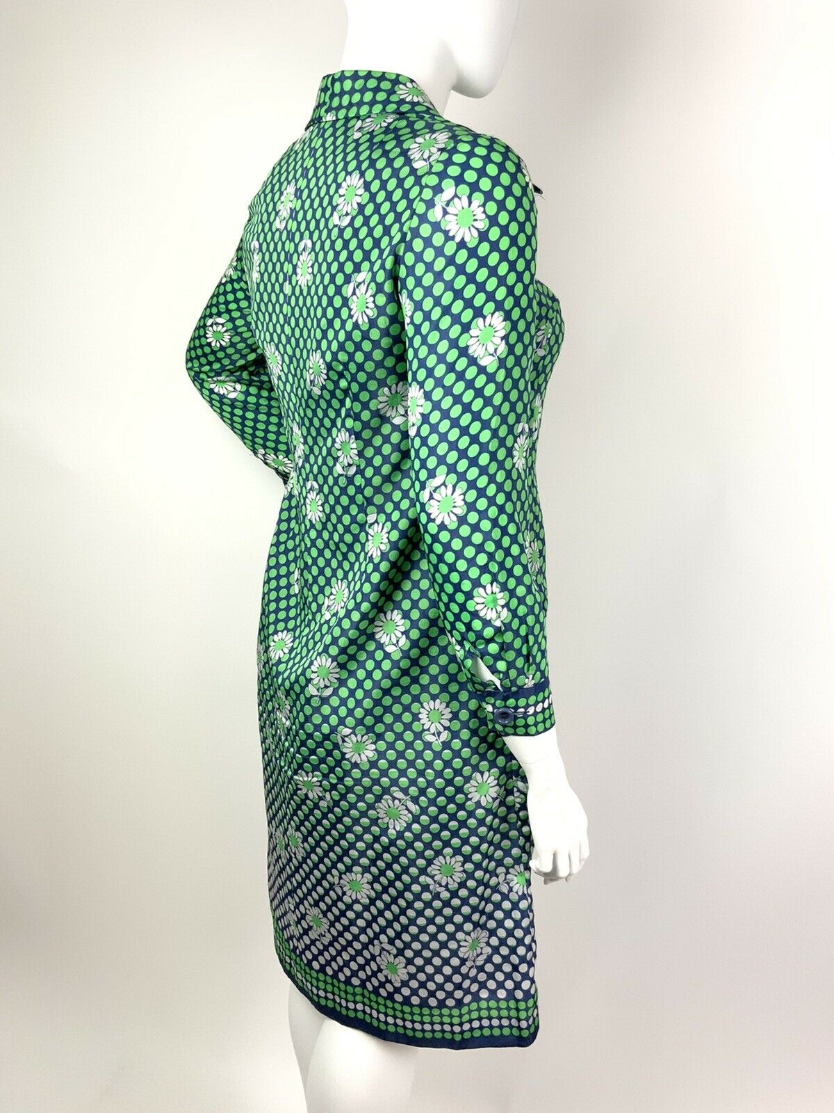 VINTAGE 60s 70s GREEN BLUE WHITE POLKA-DOT FLORAL DAISY DAGGER SHIRT DRESS 16 18