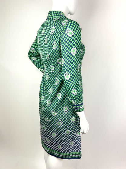 VINTAGE 60s 70s GREEN BLUE WHITE POLKA-DOT FLORAL DAISY DAGGER SHIRT DRESS 16 18