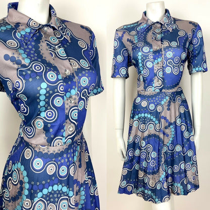 VINTAGE 60s 70s BLUE BEIGE WHITE DAISY PSYCHEDELIC DAGGER SHIRT PLEATED DRESS 16