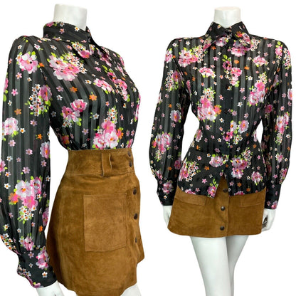 VINTAGE 60s 70s BLACK PINK WHITE GREEN FLORAL SHEER BOHO HIPPY BLOUSE 14 16