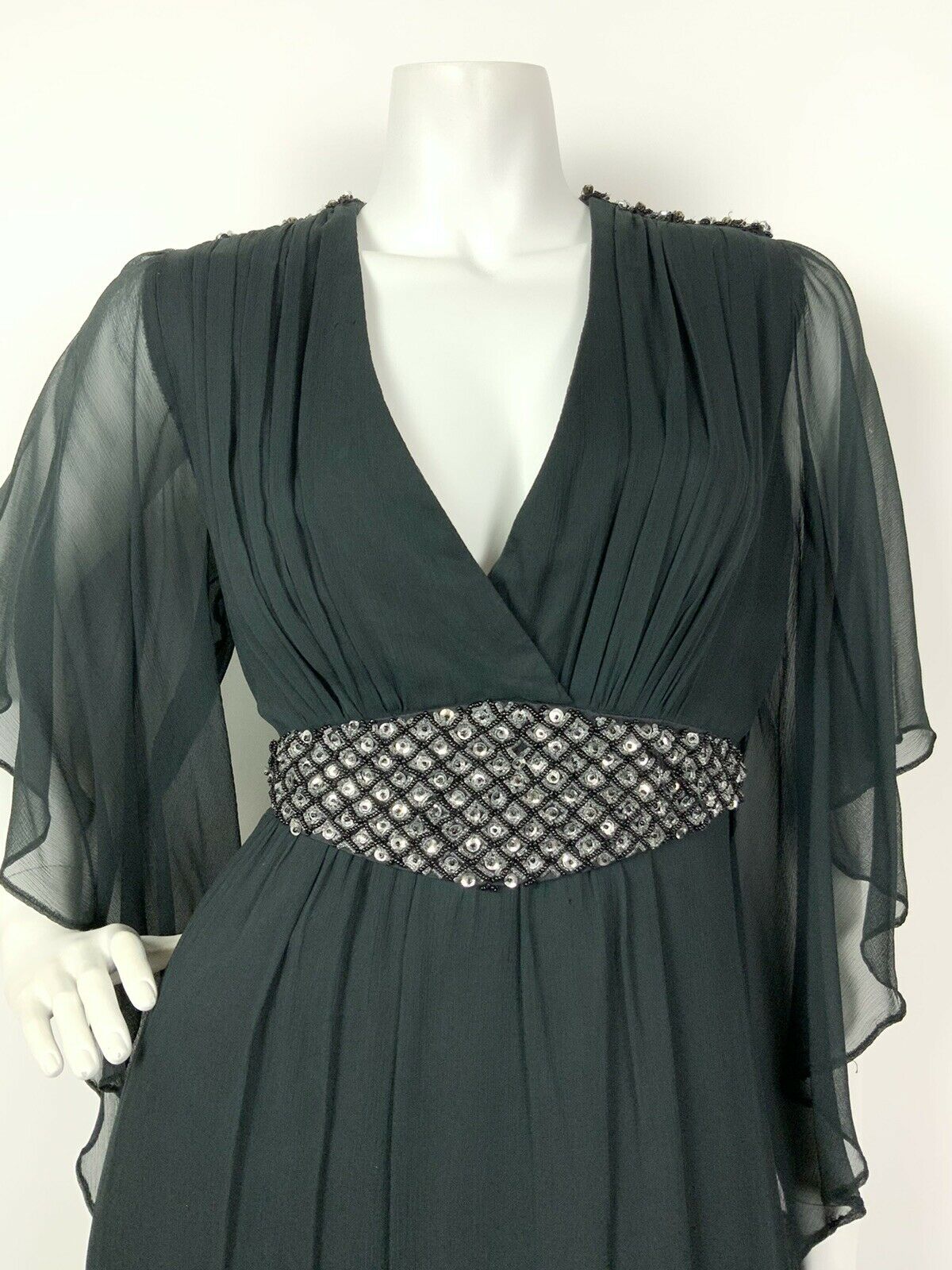 VTG 60s 70s BLACK SILVER BEADED SEQUIN ANGEL WING SHEER PLUNGE MAXI DRESS 8 10