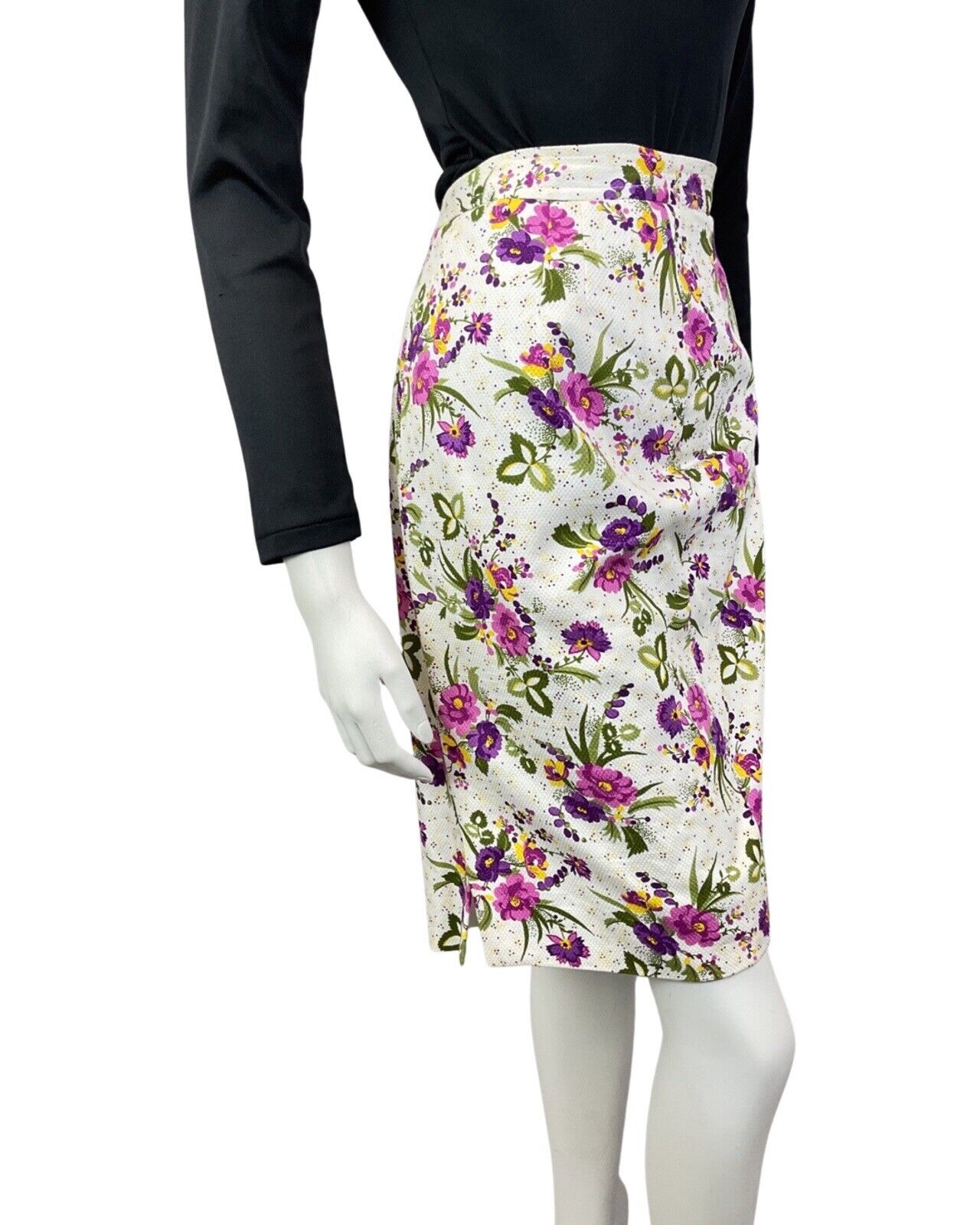 VINTAGE 60s 70s WHITE PURPLE GREEN GARDEN FLORAL DOTTY A-LINE SHORT SKIRT 12 14