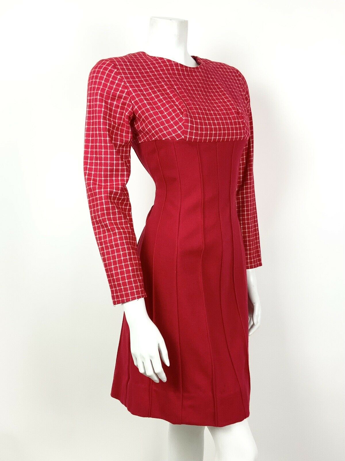 VTG 60s 70s MOD PILLARBOX RED WHITE GRID PLAID CHECKED FLARED DRESS 8 10