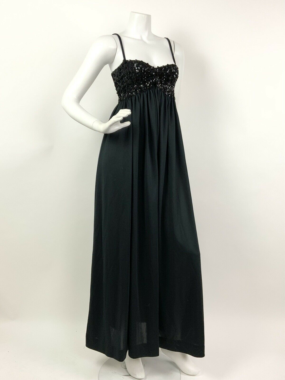 VINTAGE 60s 70s BLACK SEQUIN DISCO GLAM STUDIO 54 STRAPPY MAXI DRESS 4 6