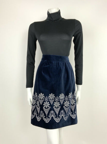 VTG 60s 70s MIDNIGHT BLUE WHITE FLORAL EMBROIDERED BOHO MOD VELVET SKIRT 8 10