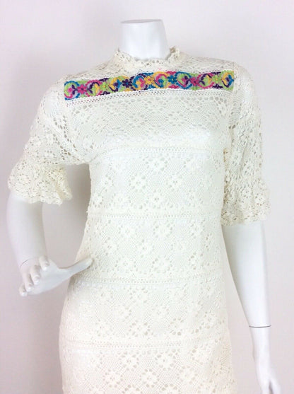 VTG 60S 70S WHITE CREAM EMBROIDERED CROCHET MAXI DRESS 6 8