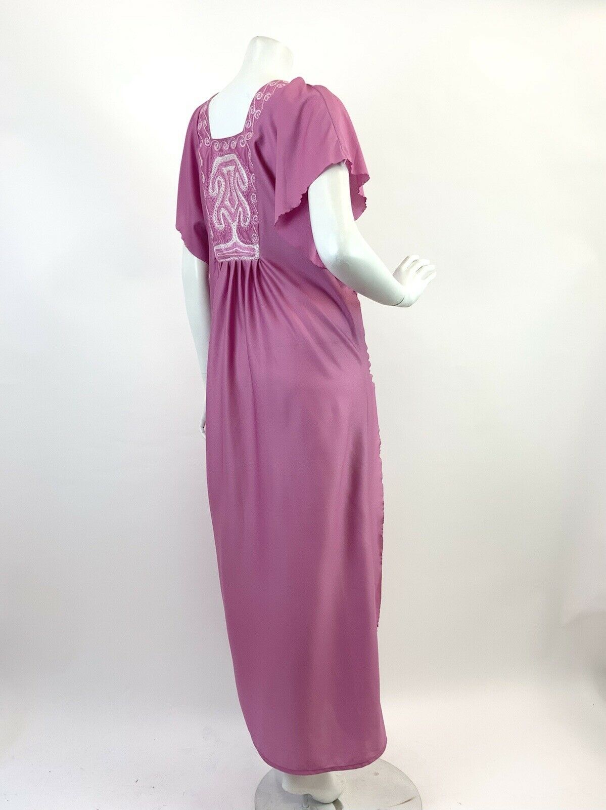 VINTAGE 60s 70s ROSE PINK WHITE EMBROIDERED BOHO FOLK KAFTAN MAXI DRESS 10 12