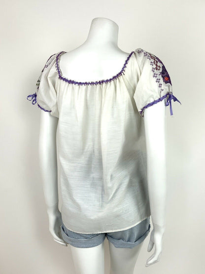 VTG 60s 70s WHITE PURPLE GREEN EMBROIDERED FLORAL BLOUSE FOLK ETHNIC 10 12 14 16