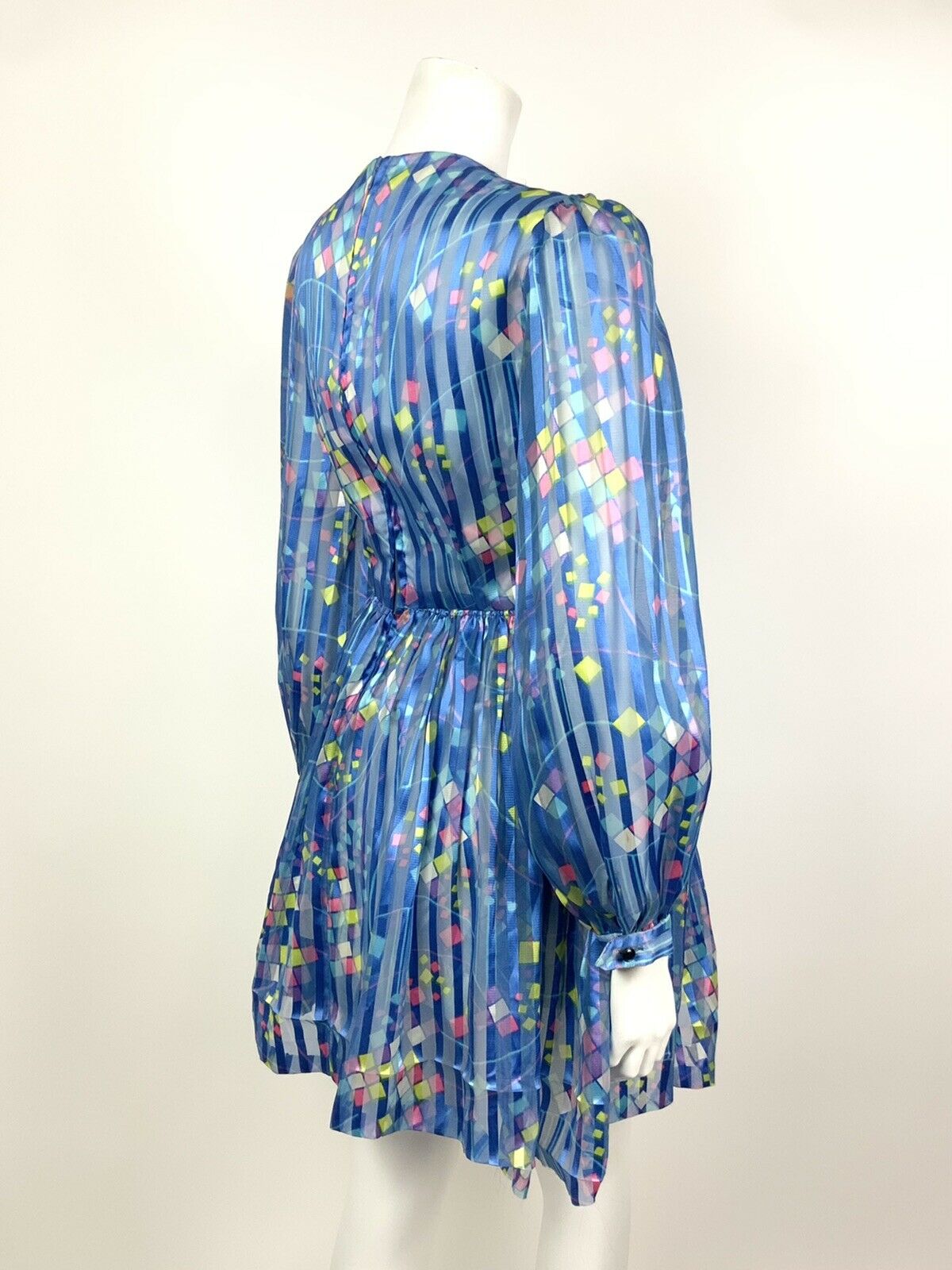 VINTAGE 60s 70s METALLIC BLUE WHITE PINK YELLOW STRIPED SQUARE SHEER DRESS 10