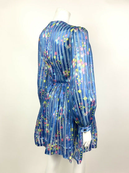 VINTAGE 60s 70s METALLIC BLUE WHITE PINK YELLOW STRIPED SQUARE SHEER DRESS 10