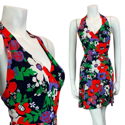 VINTAGE 60s 70s NAVY BLUE RED PUPRLE GREEN HALTER NECK MINI DRESS 6