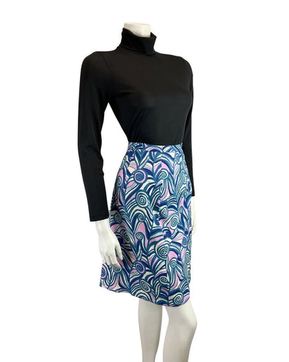 VINTAGE 60s 70s BLUE WHITE PURPLE PSYCHEDELIC SWIRL MOD SHORT SKIRT 10