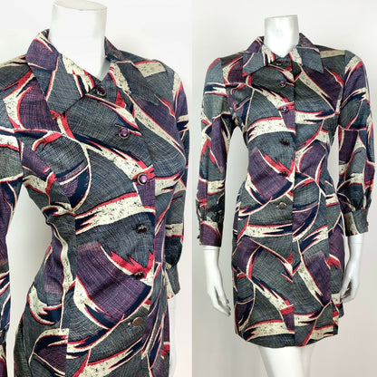 VINTAGE 60s 70s BLUE WHITE RED PINK ABSTRACT PSYCHEDELIC DAGGER SHIRT DRESS 12