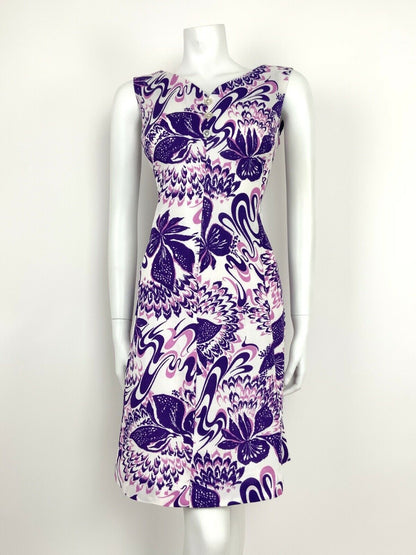 VINTAGE 60s 70s PSYCHEDELIC FLORAL PURPLE PINK WHITE SWEETHEART SUMMER DRESS 16