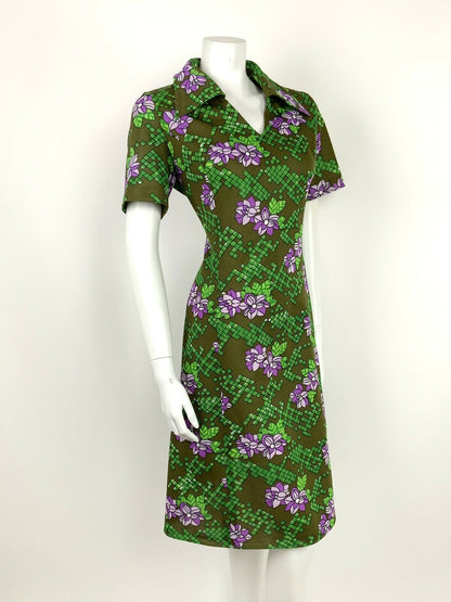 VINTAGE 60s 70s OLIVE GREEN PURPLE WHITE FLORAL GEOMETRIC SHIFT DRESS 14 16