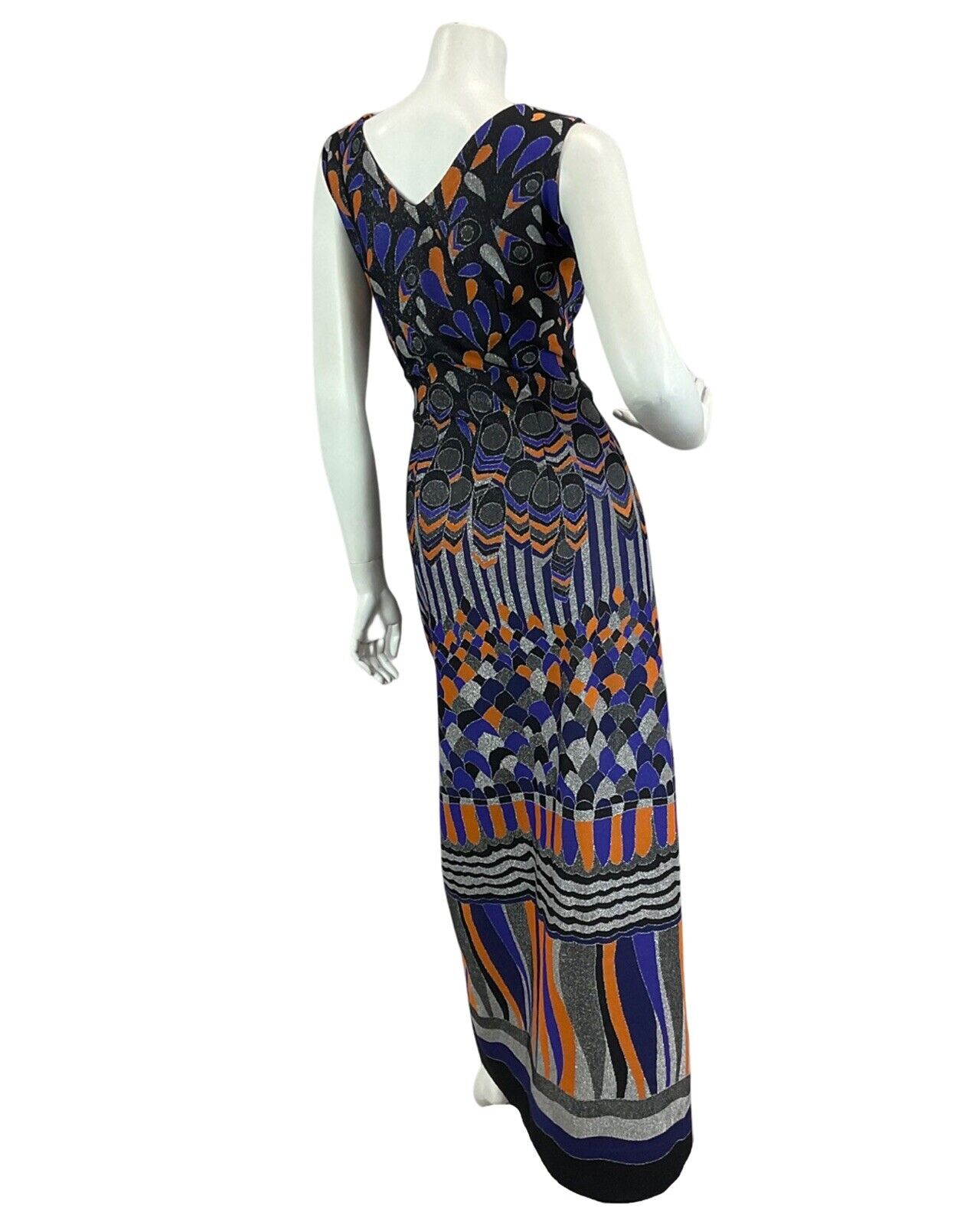 VINTAGE 60s 70s BLACK PURPLE ORANGE SILVER ABSTRACT DISCO PARTY  MAXI DRESS 12