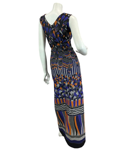 VINTAGE 60s 70s BLACK PURPLE ORANGE SILVER ABSTRACT DISCO PARTY  MAXI DRESS 12