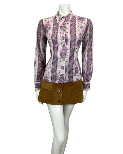 VINTAGE 60s 70s PURPLE LILAC FLORAL PAISLEY BOHO HIPPY BLOUSE 12 14