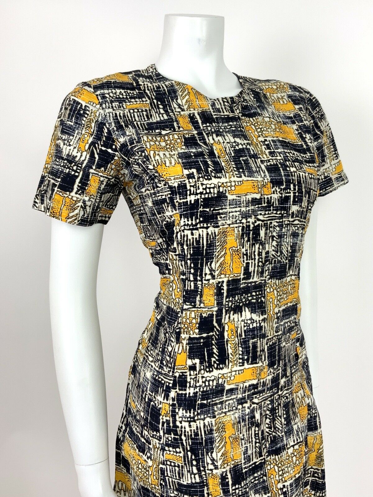 VINTAGE 60s 70s NAVY BLUE YELLOW WHITE GEOMETRIC ABSTRACT SUMMER SHIFT DRESS 8