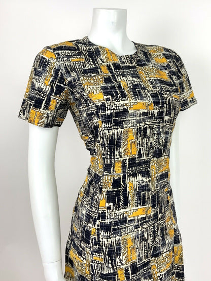 VINTAGE 60s 70s NAVY BLUE YELLOW WHITE GEOMETRIC ABSTRACT SUMMER SHIFT DRESS 8