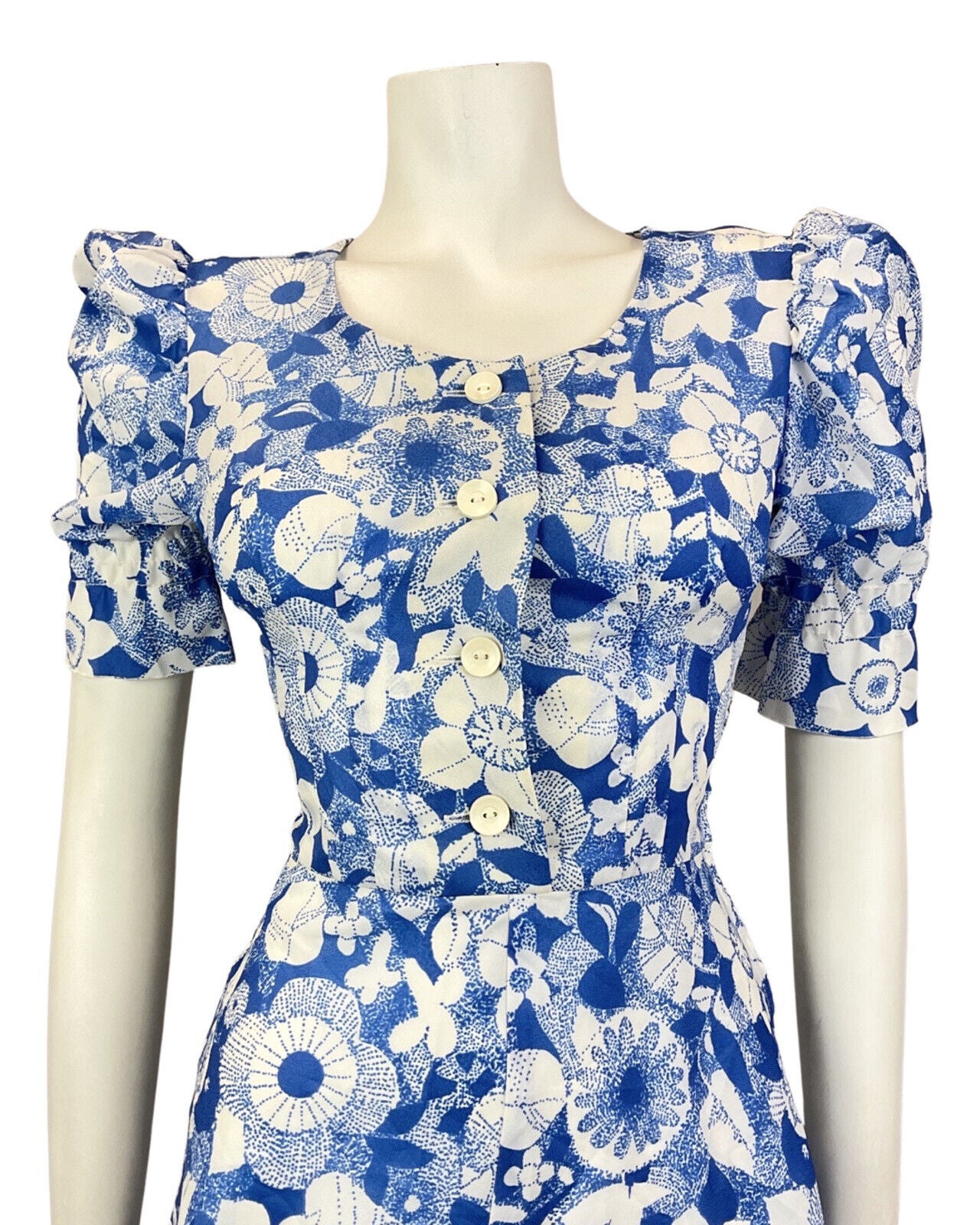 VINTAGE 60s 70s BLUE WHITE FLORAL PUFF SLEEVE SWING DRESS 8