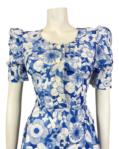 VINTAGE 60s 70s BLUE WHITE FLORAL PUFF SLEEVE SWING DRESS 8