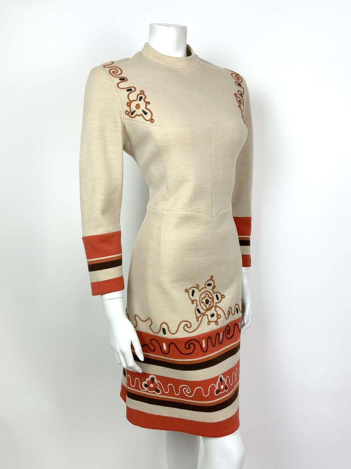 VINTAGE 60s 70s CREAM BROWN ORANGE EMBROIDERED SWIRL FLORAL DRESS 12 14