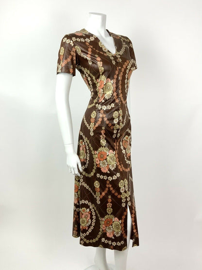 VTG 60s 70s BROWN PINK ORANGE PSYCHEDELIC FLORAL DAISY CHAIN MIDI DRESS 12 14