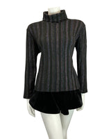 VINTAGE 60s 70s BLACK IRIDESCENT STRIPED ROLL-NECK TURTLENECK KNIT TOP 12 14