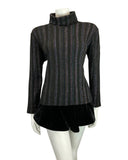 VINTAGE 60s 70s BLACK IRIDESCENT STRIPED ROLL-NECK TURTLENECK KNIT TOP 12 14