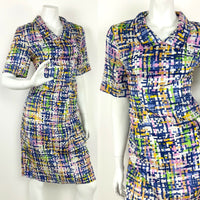 VINTAGE 60s 70s WHITE GREEN BLUE PINK CHECKERED GRID GEOMETRIC SHIRT DRESS 10 12