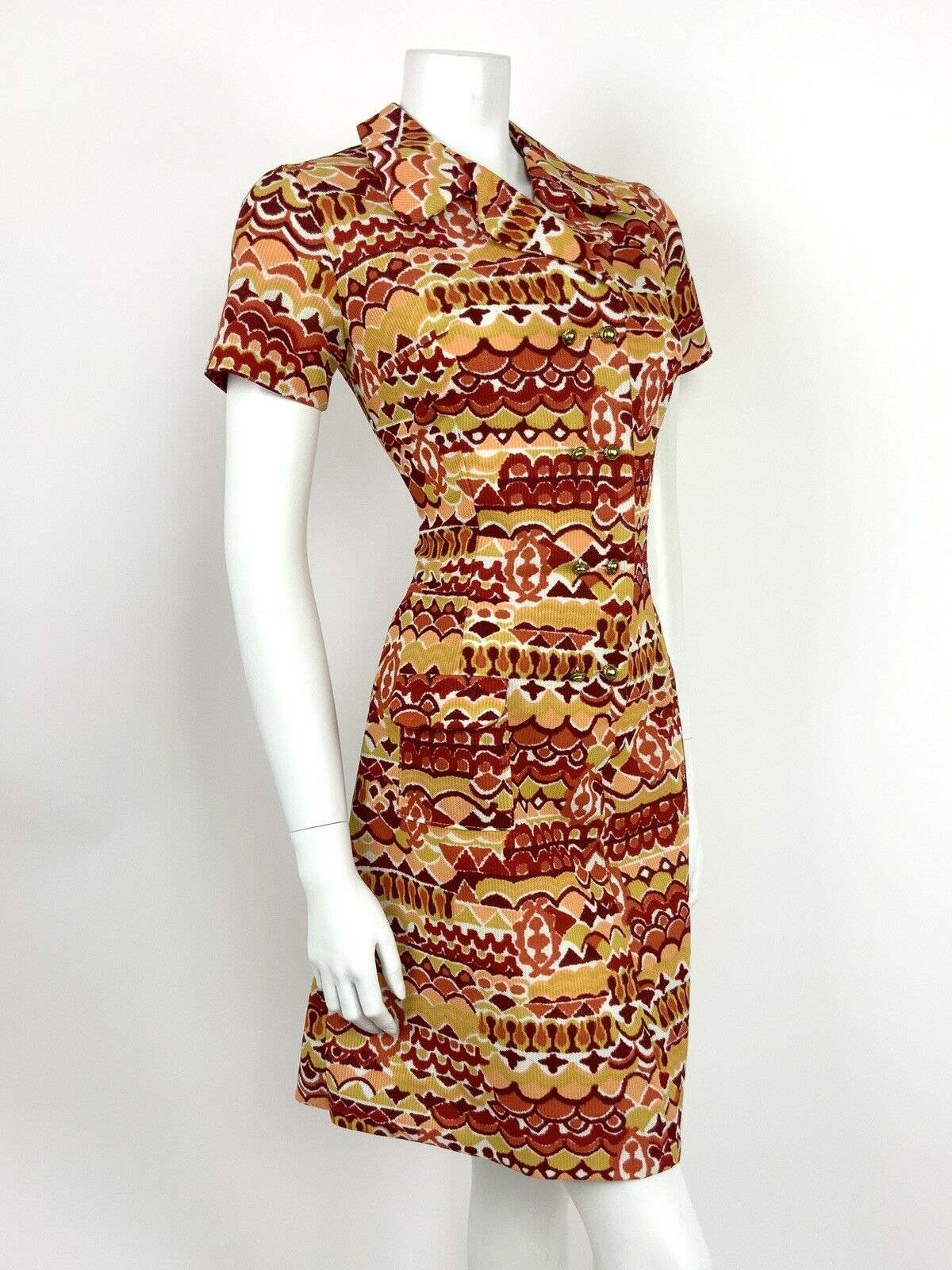 VINTAGE 60s 70s RED ORANGE YELLOW WHITE GOLD ABSTRACT PSYCHEDELIC SHIRT DRESS 12