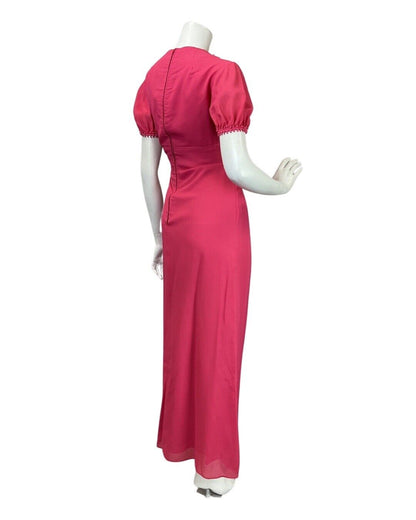 VINTAGE 60s 70s FUCHSIA PINK POM-POM MOD PUFF SLEEVE MAXI DRESS 12