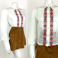 VINTAGE 60s 70s WHITE RED BLACK EMBROIDERED SWIRL MOD SHEER DAGGER BLOUSE 14 16