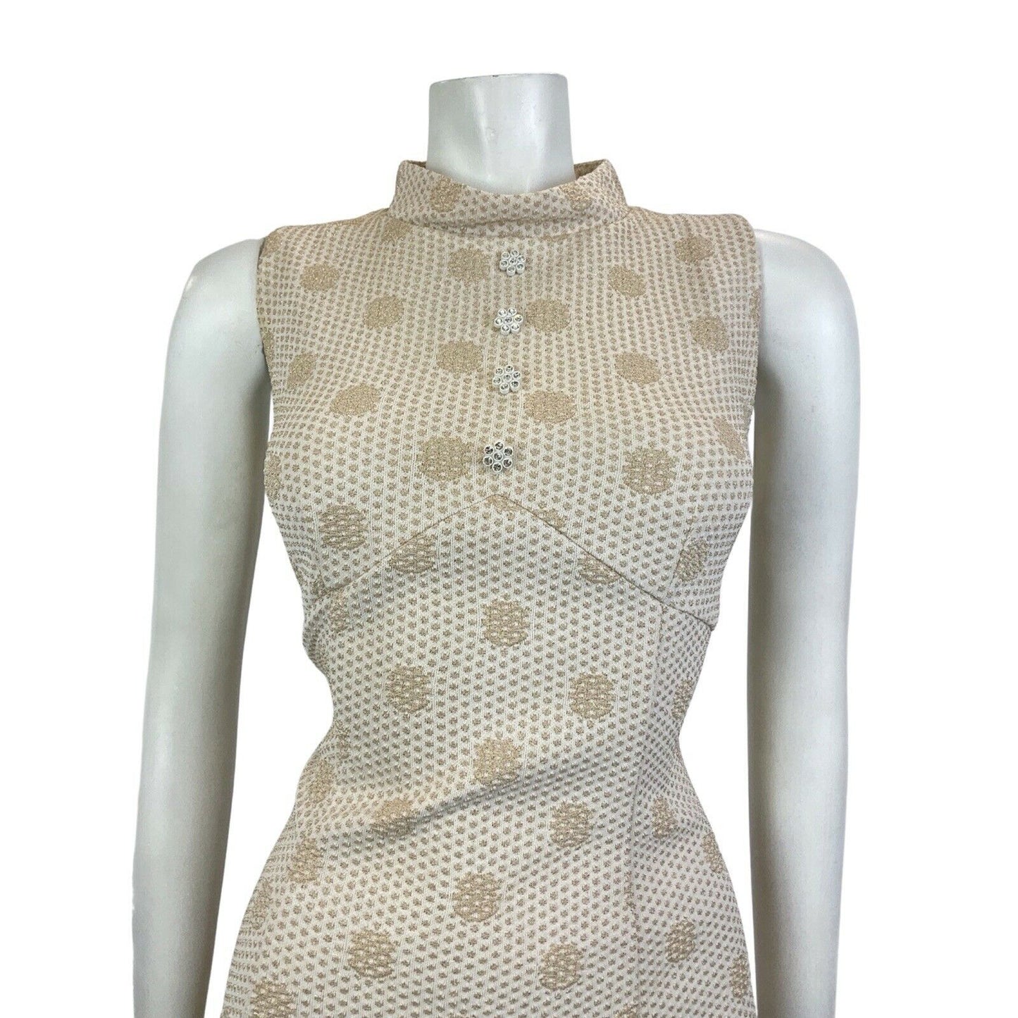 VINTAGE 60s 70s CREAM GOLD LUREX POLKA-DOT PARTY DISCO STUDIO 54 MOD DRESS 10 12