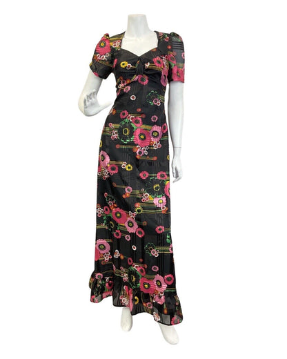 VINTAGE 60s 70s BLACK PINK GREEN FLORAL MOD STRIPED SUMMER MAXI DRESS 10