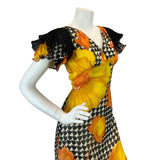 VINTAGE 60s 70s YELLOW BLACK WHITE PSYCH MOD FLORAL PLEATED SLEEVE MAXI DRESS 8
