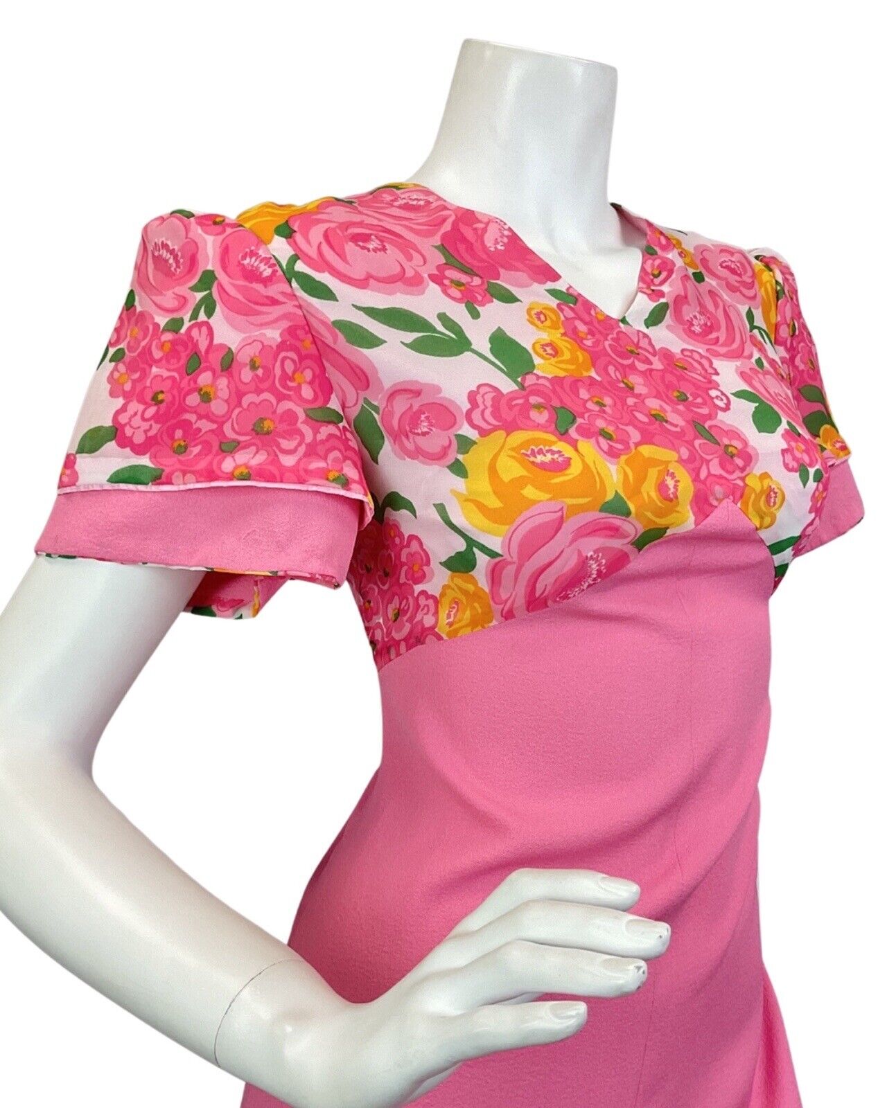 VINTAGE 60s 70s BARBIE PINK YELLOW GREEN FLORAL ROSE MOD MOD MAXI DRESS 10