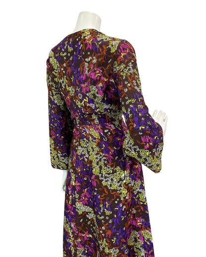 VINTAGE 60s 70s BROWN PURPLE YELLOW FLORAL PRINT MAXI DRESS 14