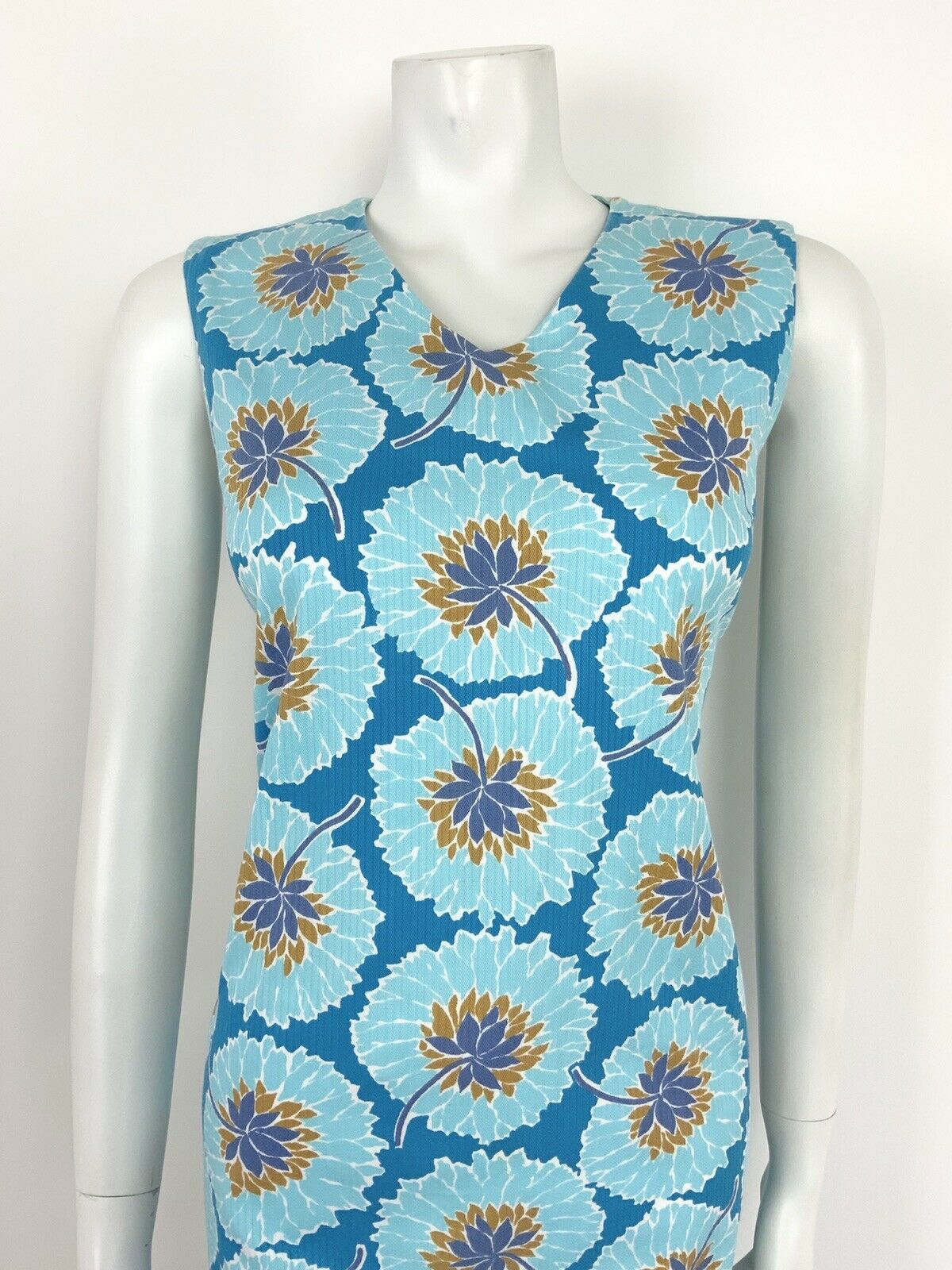 VINTAGE 60s 70s BLUE WHITE GOLD FLORAL SLEEVELESS A-LINE DRESS 8 10