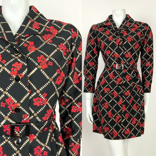 VTG 60s 70s BLACK WHITE BROWN RED GRID FLORAL POPPY WING COLLAR BELTED DRESS 12