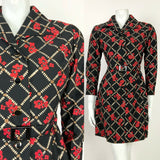 VTG 60s 70s BLACK WHITE BROWN RED GRID FLORAL POPPY WING COLLAR BELTED DRESS 12